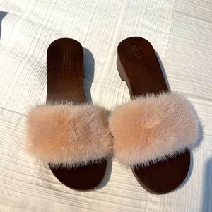 Barney’s New York Pink Furry Wooden Clogs